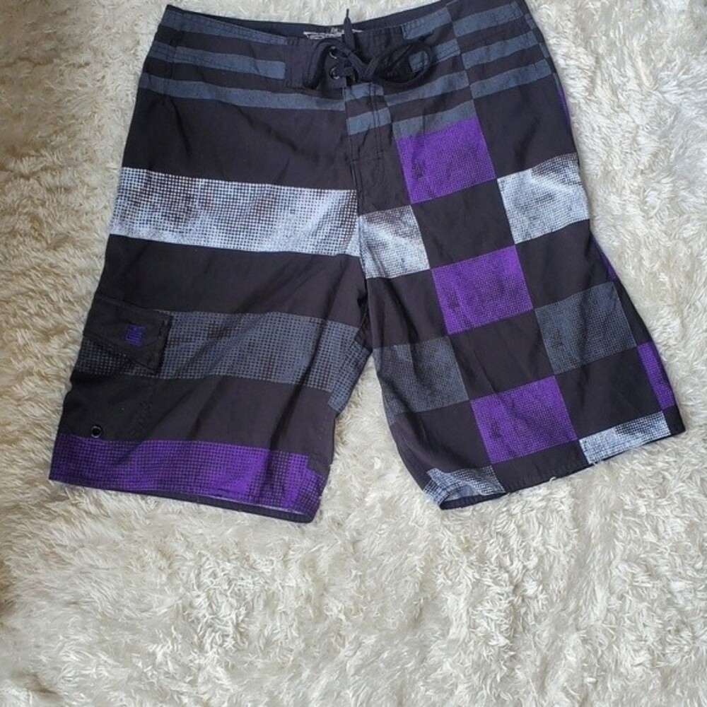 Machine Purple Black Checked Striped Mens Board shorts SZ 34